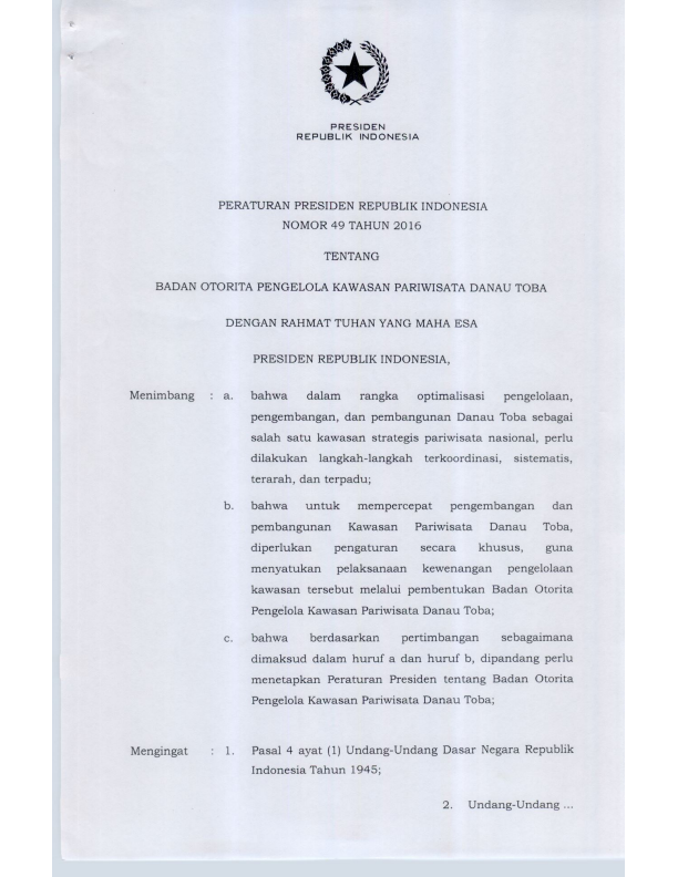Peraturan Presiden Nomor 49 Tahun 2016