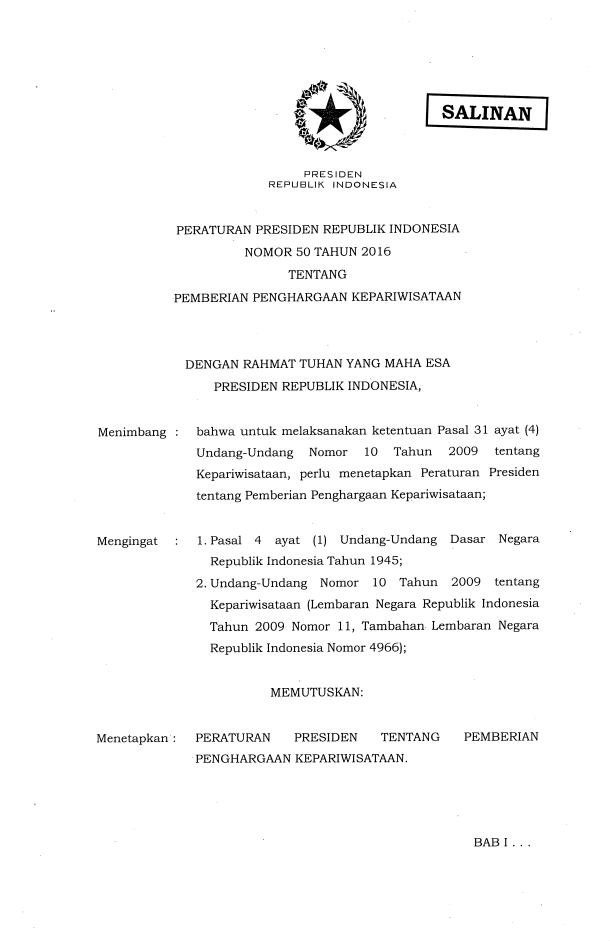 Peraturan Presiden Nomor 50 Tahun 2016