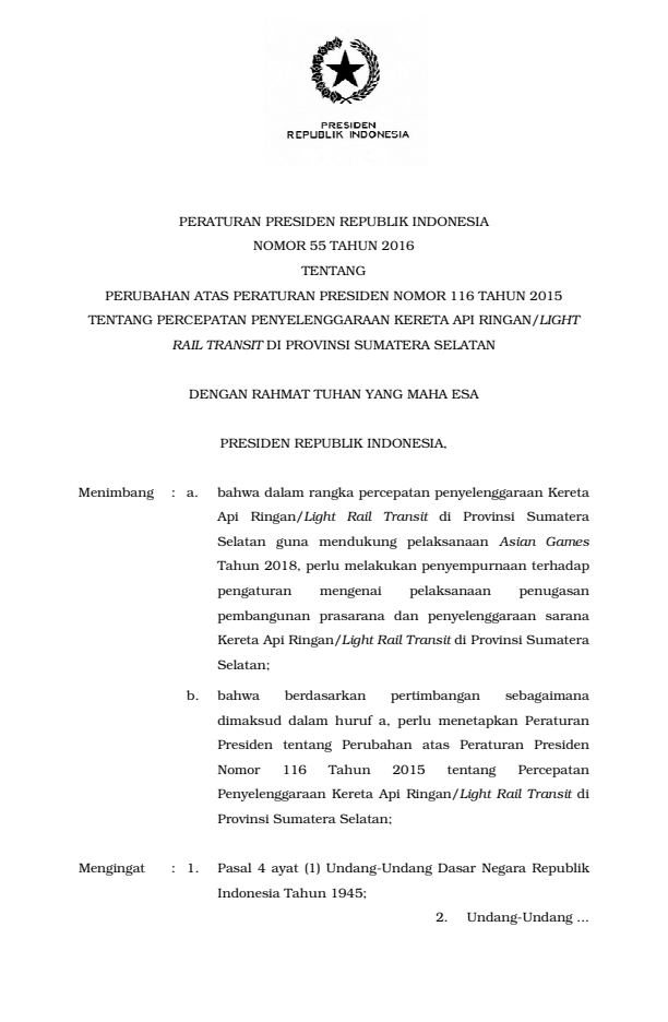 Peraturan Presiden Nomor 55 Tahun 2016