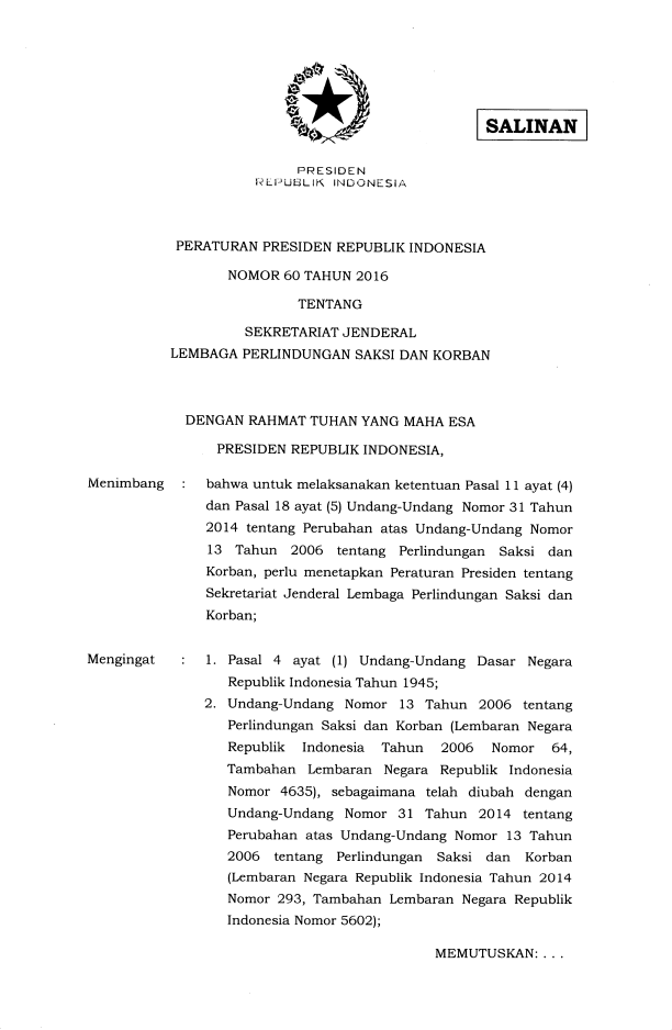 Peraturan Presiden Nomor 60 Tahun 2016