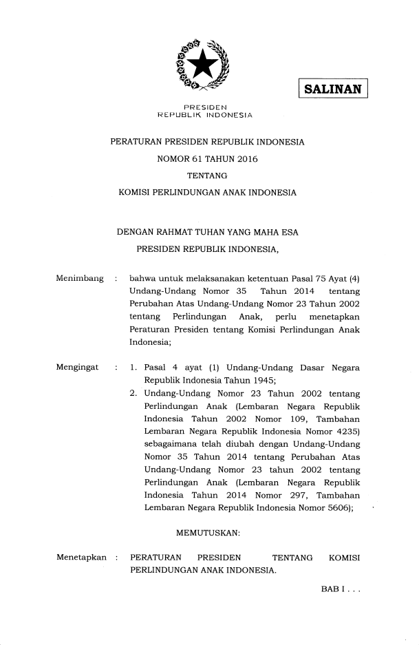 Peraturan Presiden Nomor 61 Tahun 2016