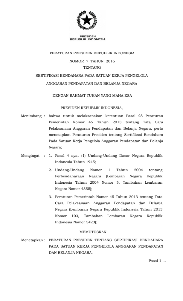 Peraturan Presiden Nomor 7 Tahun 2016