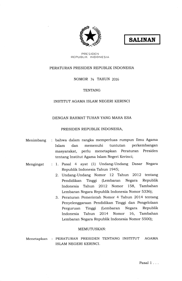 Peraturan Presiden Nomor 74 Tahun 2016