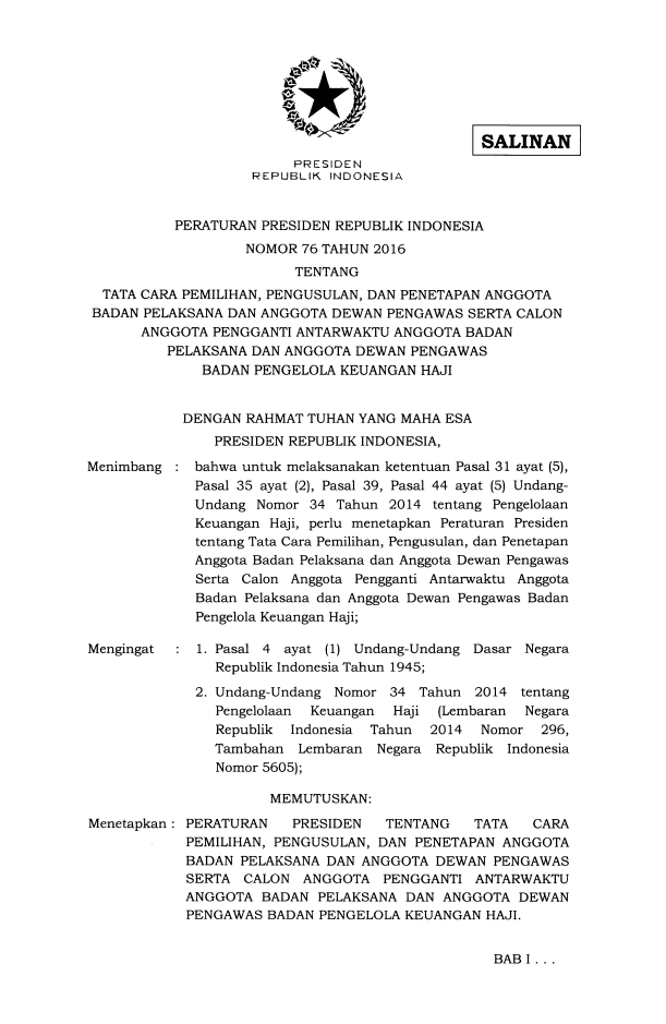 Peraturan Presiden Nomor 76 Tahun 2016