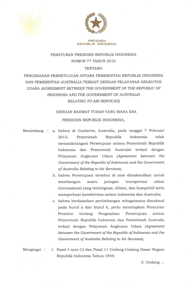 Peraturan Presiden Nomor 77 Tahun 2016