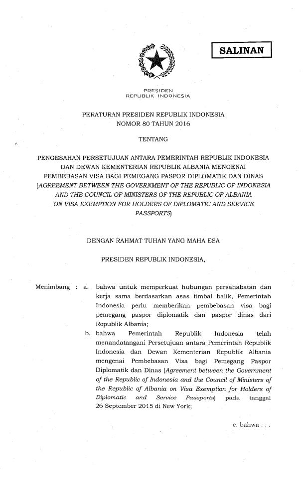 Peraturan Presiden Nomor 80 Tahun 2016