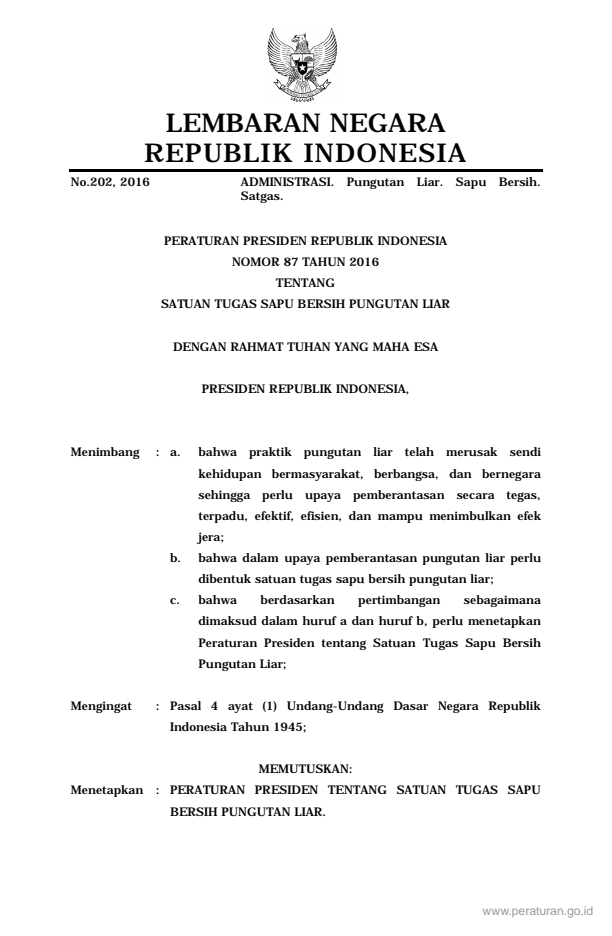 Peraturan Presiden Nomor 87 Tahun 2016