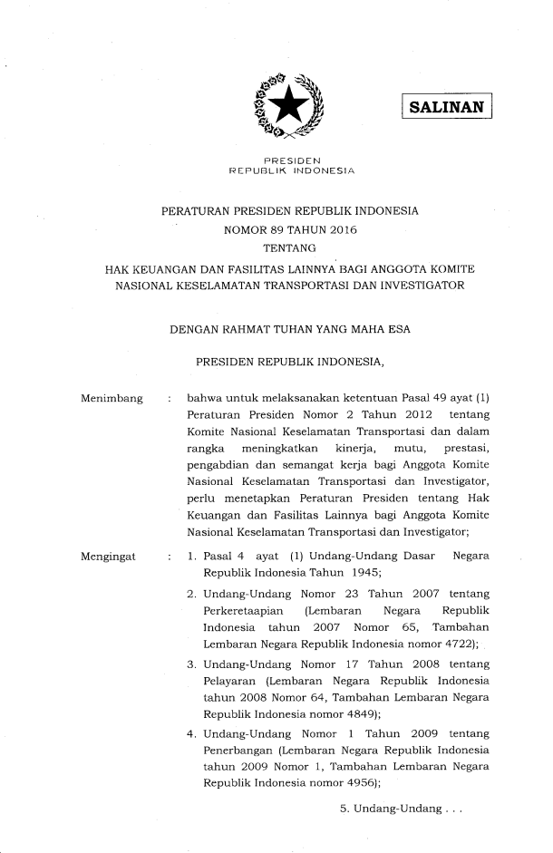 Peraturan Presiden Nomor 89 Tahun 2016