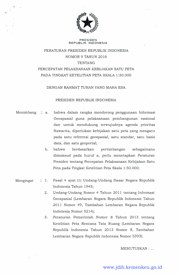 Peraturan Presiden Nomor 9 Tahun 2016
