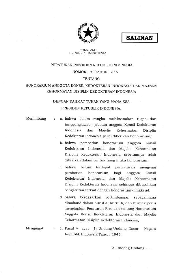Peraturan Presiden Nomor 93 Tahun 2016