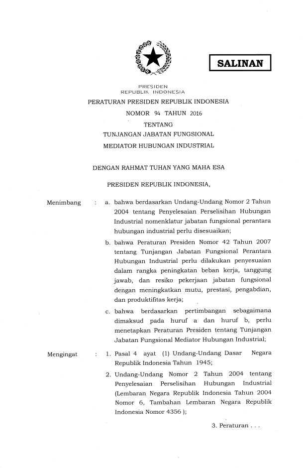 Peraturan Presiden Nomor 94 Tahun 2016