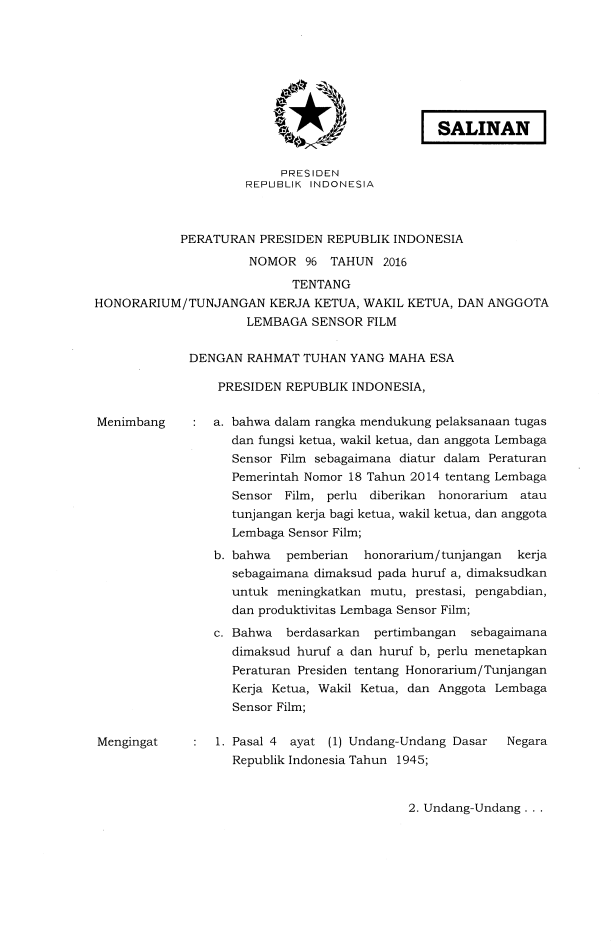 Peraturan Presiden Nomor 96 Tahun 2016
