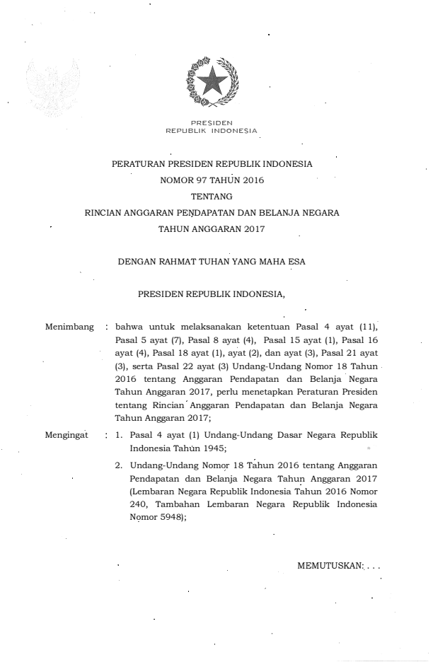 Peraturan Presiden Nomor 97 Tahun 2016