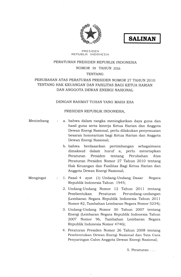 Peraturan Presiden Nomor 99 Tahun 2016