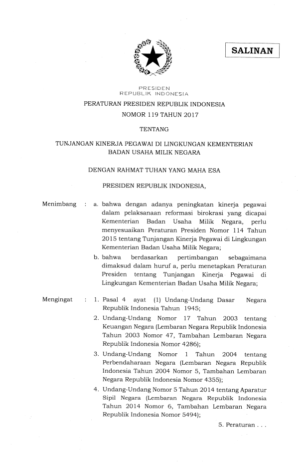 Peraturan Presiden Nomor 119 Tahun 2017