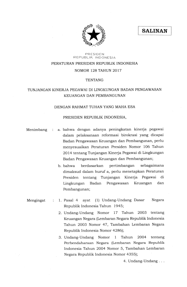 Peraturan Presiden Nomor 128 Tahun 2017