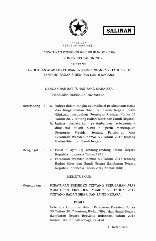 Peraturan Presiden Nomor 133 Tahun 2017