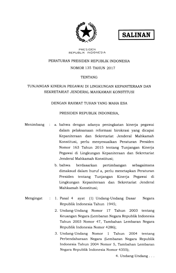 Peraturan Presiden Nomor 135 Tahun 2017