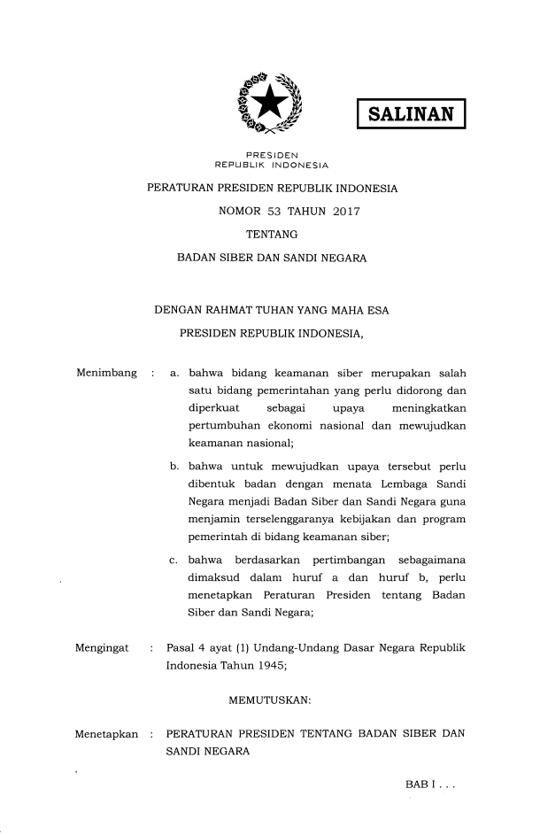 Peraturan Presiden Nomor 53 Tahun 2017