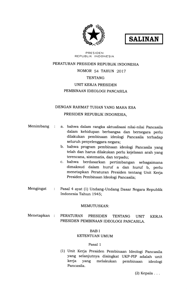 Peraturan Presiden Nomor 54 Tahun 2017