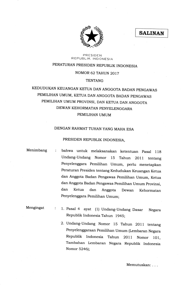 Peraturan Presiden Nomor 62 Tahun 2017
