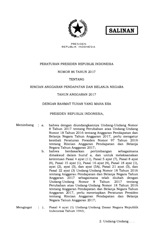 Peraturan Presiden Nomor 86 Tahun 2017