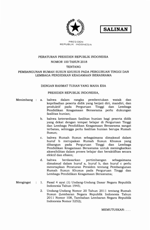 Peraturan Presiden Nomor 100 Tahun 2018