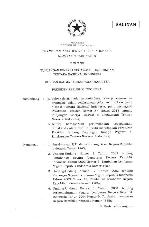 Peraturan Presiden Nomor 102 Tahun 2018