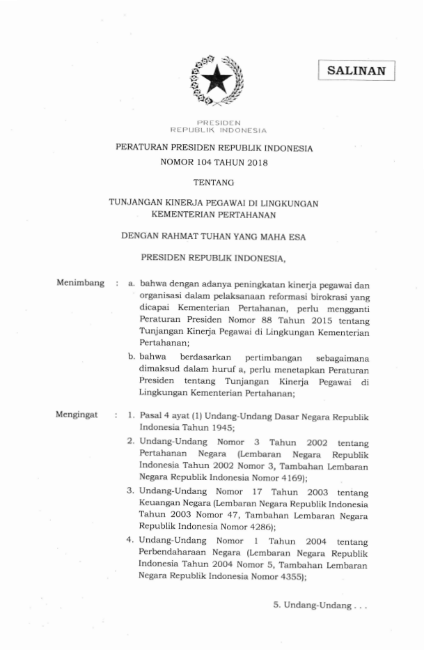 Peraturan Presiden Nomor 104 Tahun 2018