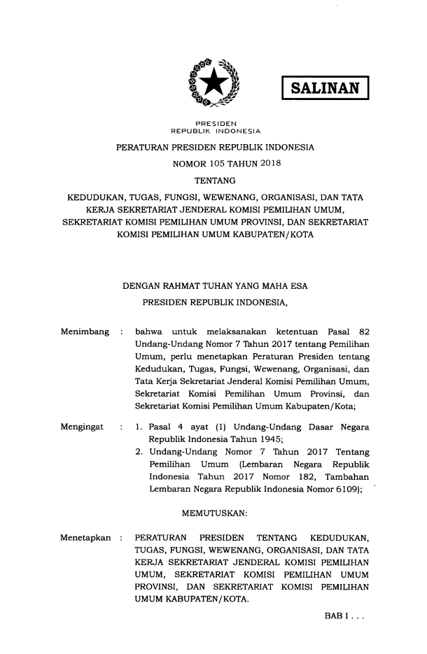 Peraturan Presiden Nomor 105 Tahun 2018