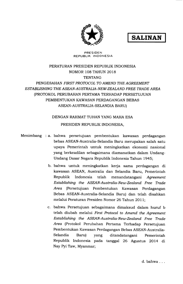 Peraturan Presiden Nomor 108 Tahun 2018