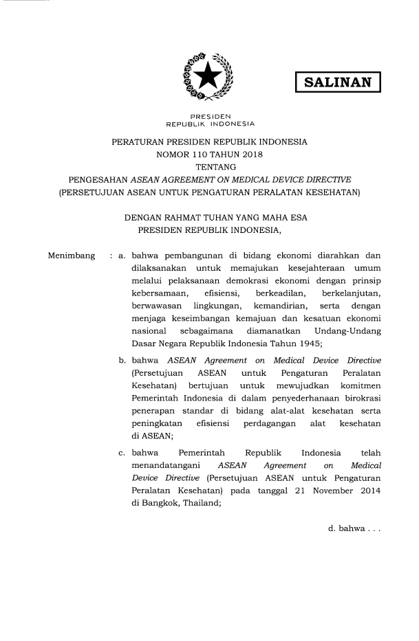 Peraturan Presiden Nomor 110 Tahun 2018