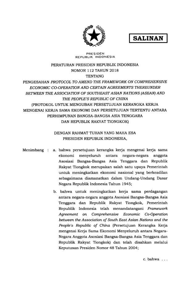 Peraturan Presiden Nomor 112 Tahun 2018