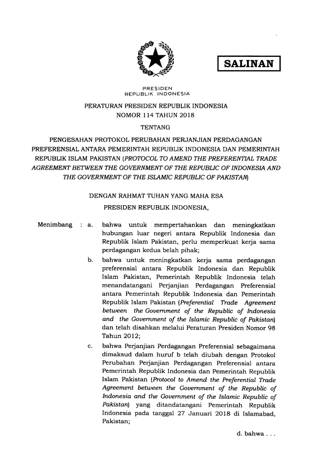 Peraturan Presiden Nomor 114 Tahun 2018