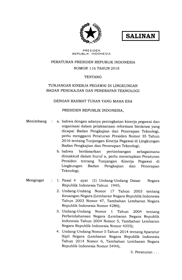 Peraturan Presiden Nomor 116 Tahun 2018