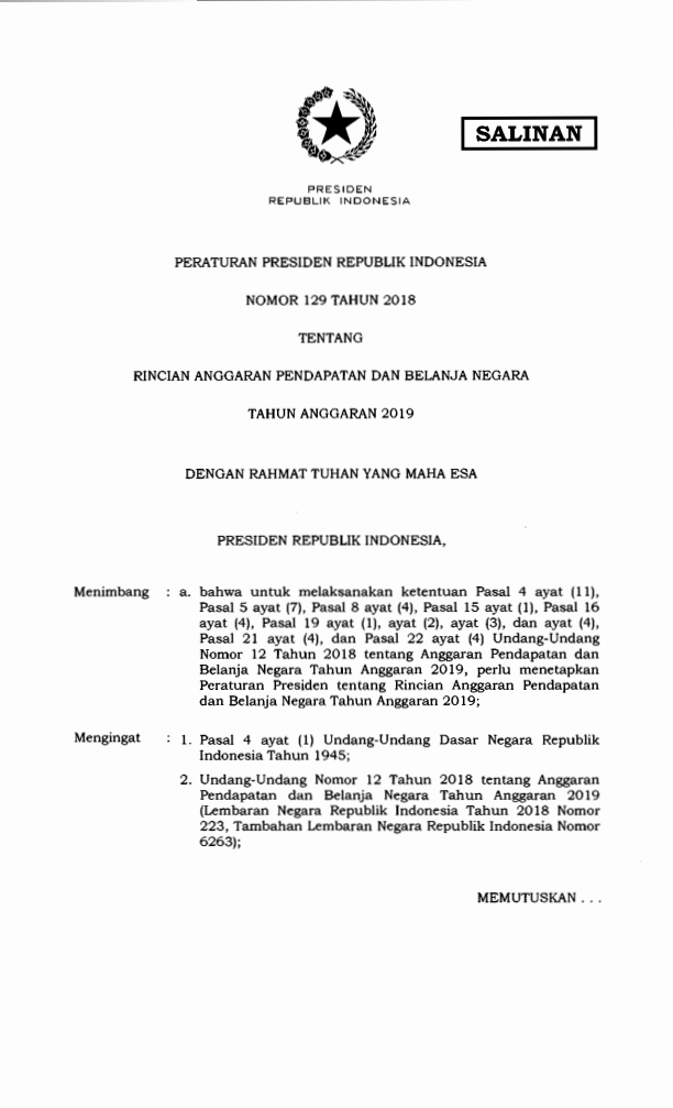 Peraturan Presiden Nomor 129 Tahun 2018