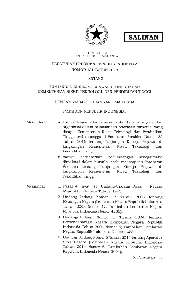 Peraturan Presiden Nomor 131 Tahun 2018