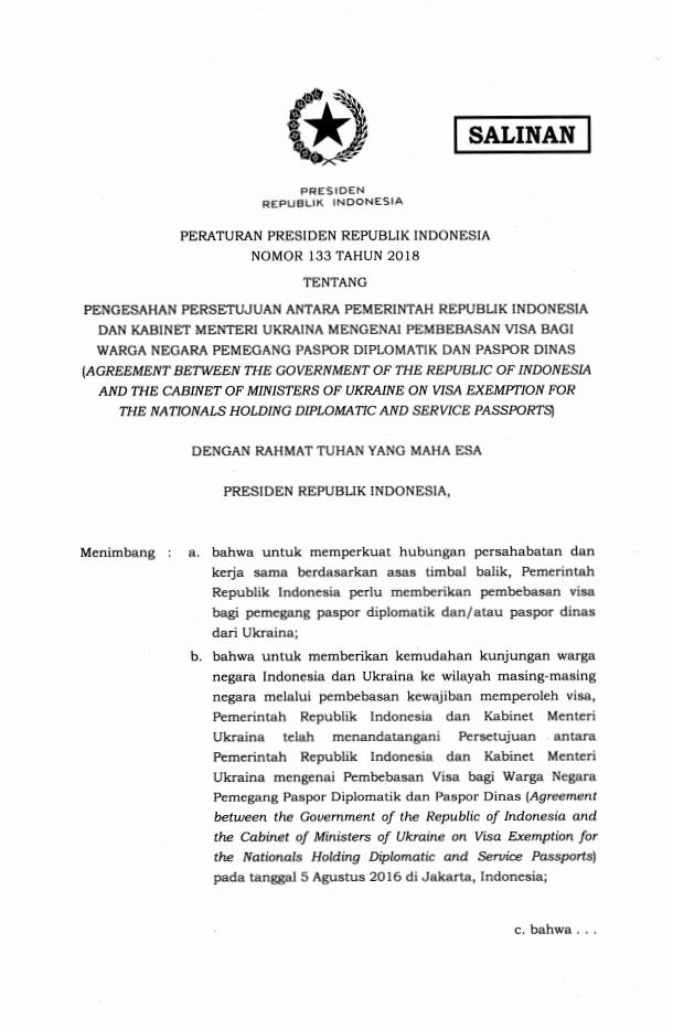 Peraturan Presiden Nomor 133 Tahun 2018