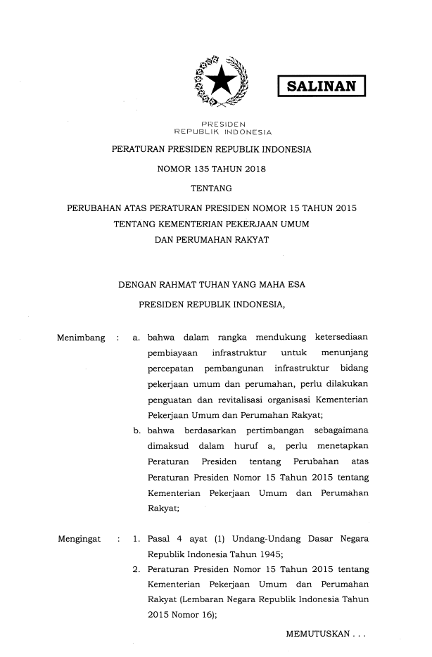 Peraturan Presiden Nomor 135 Tahun 2018