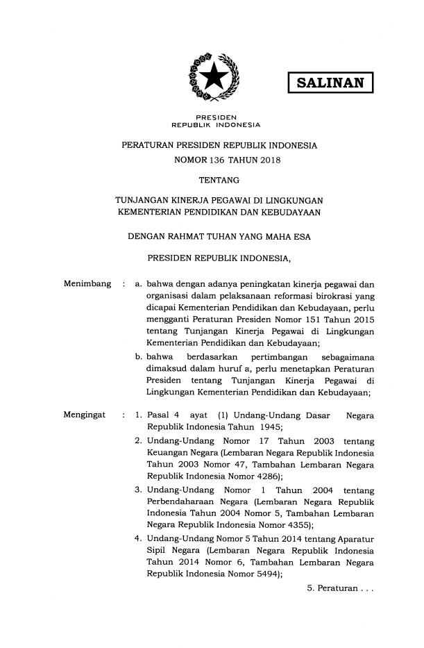 Peraturan Presiden Nomor 136 Tahun 2018