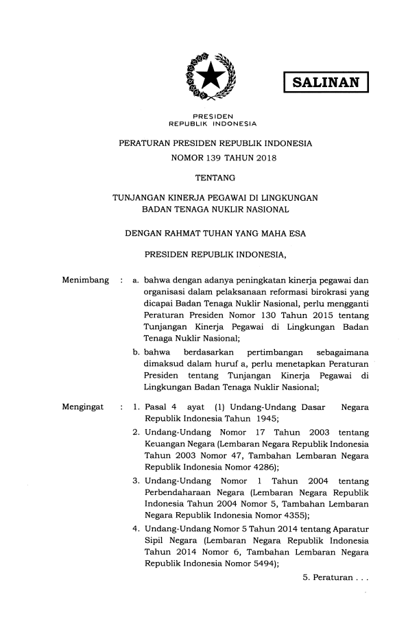 Peraturan Presiden Nomor 139 Tahun 2018
