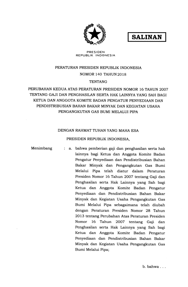 Peraturan Presiden Nomor 140 Tahun 2018