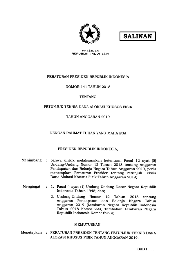 Peraturan Presiden Nomor 141 Tahun 2018