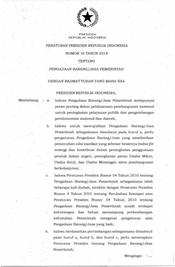 Peraturan Presiden Nomor 16 Tahun 2018