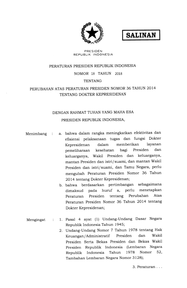 Peraturan Presiden Nomor 18 Tahun 2018
