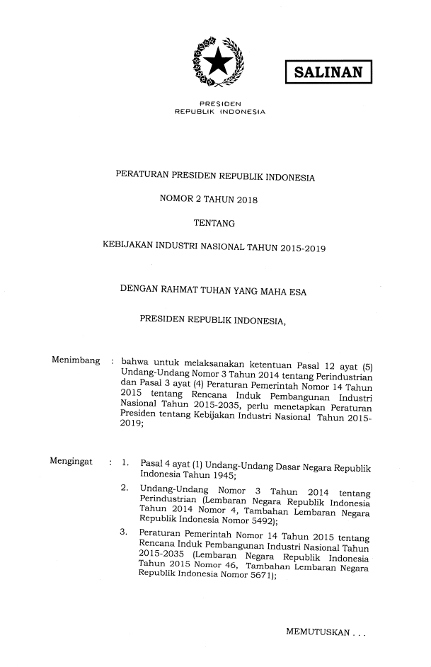 Peraturan Presiden Nomor 2 Tahun 2018
