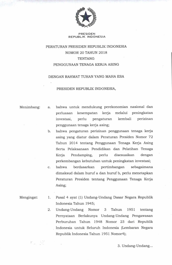 Peraturan Presiden Nomor 20 Tahun 2018