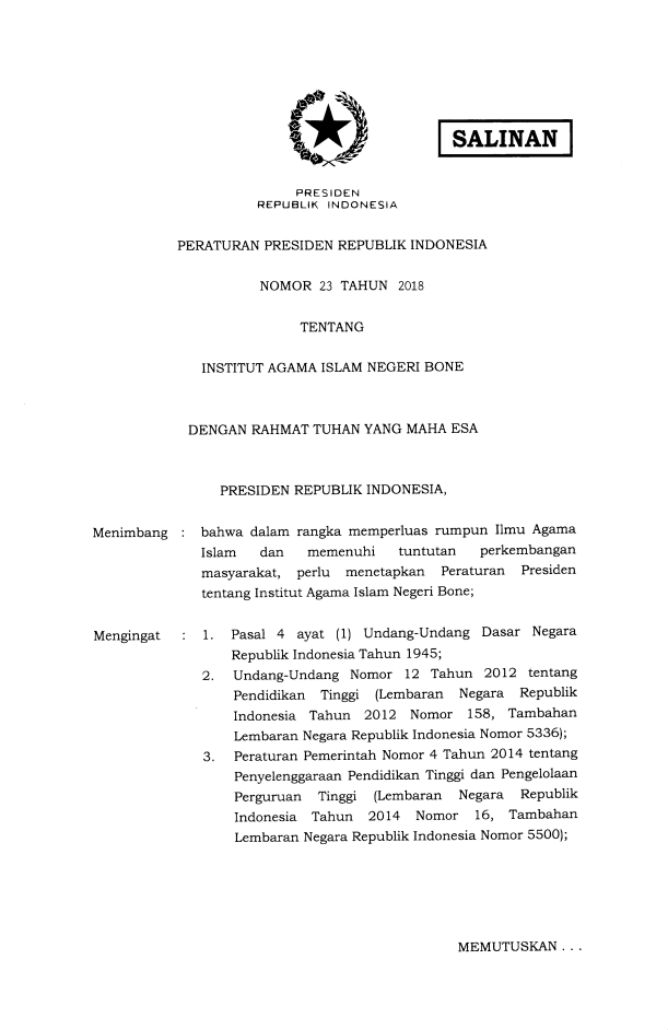 Peraturan Presiden Nomor 23 Tahun 2018