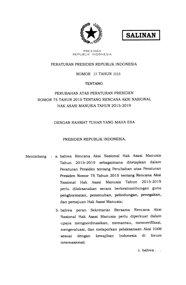 Peraturan Presiden Nomor 33 Tahun 2018
