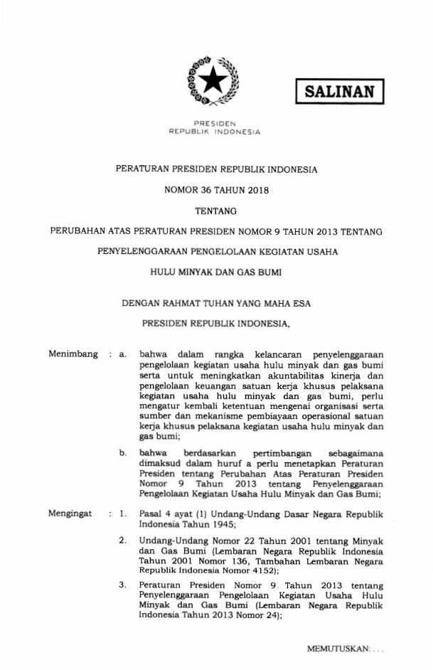 Peraturan Presiden Nomor 36 Tahun 2018